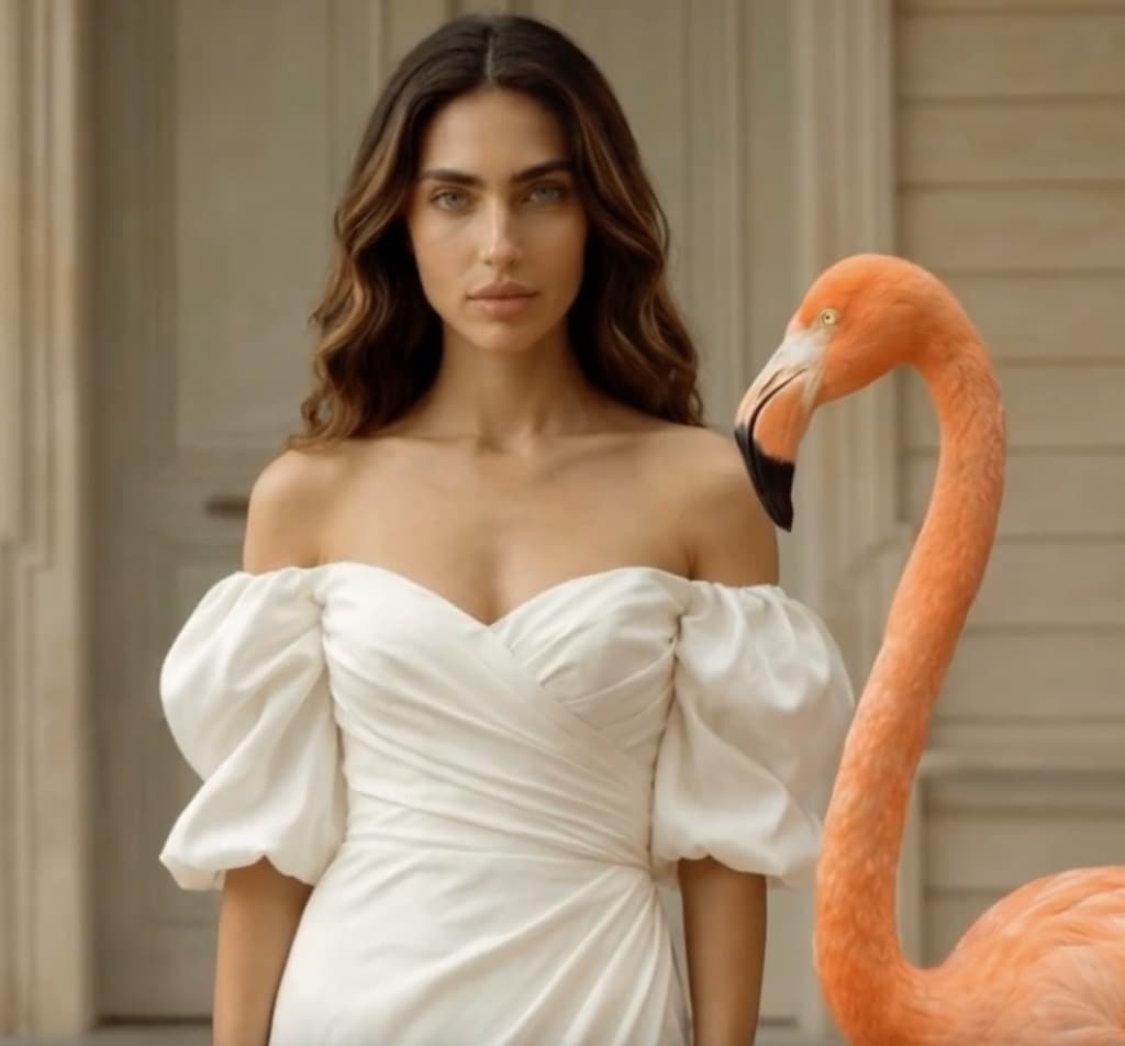 אישה בשמלת ערב לבנה עם שרוולים נפוחים, ולצידה פלמינגו ורוד